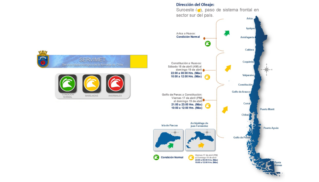 Marejadas del suroeste afectarán gran parte del litoral chileno entre el 17 y el 19 de abril, con mayor intensidad durante las horas de pleamar. Crédito: SERVIMET – Armada de Chile.