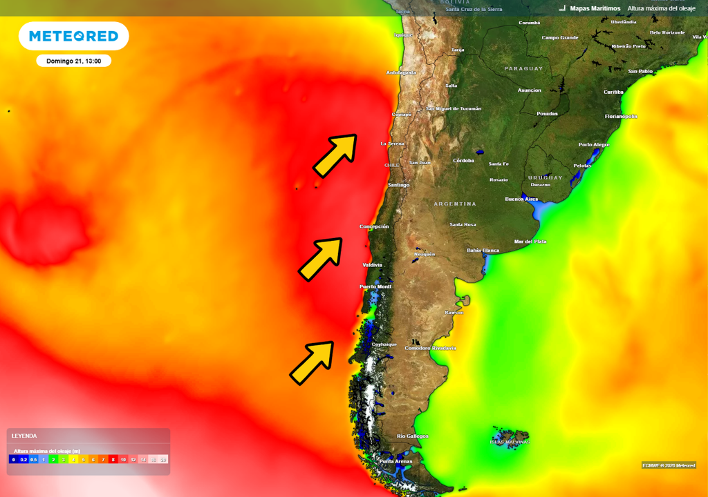 El modelo ECMWF proyecta un aumento del oleaje frente a la costa chilena durante el domingo 21, con mayor intensidad sobre el océano Pacífico y avance hacia el litoral.