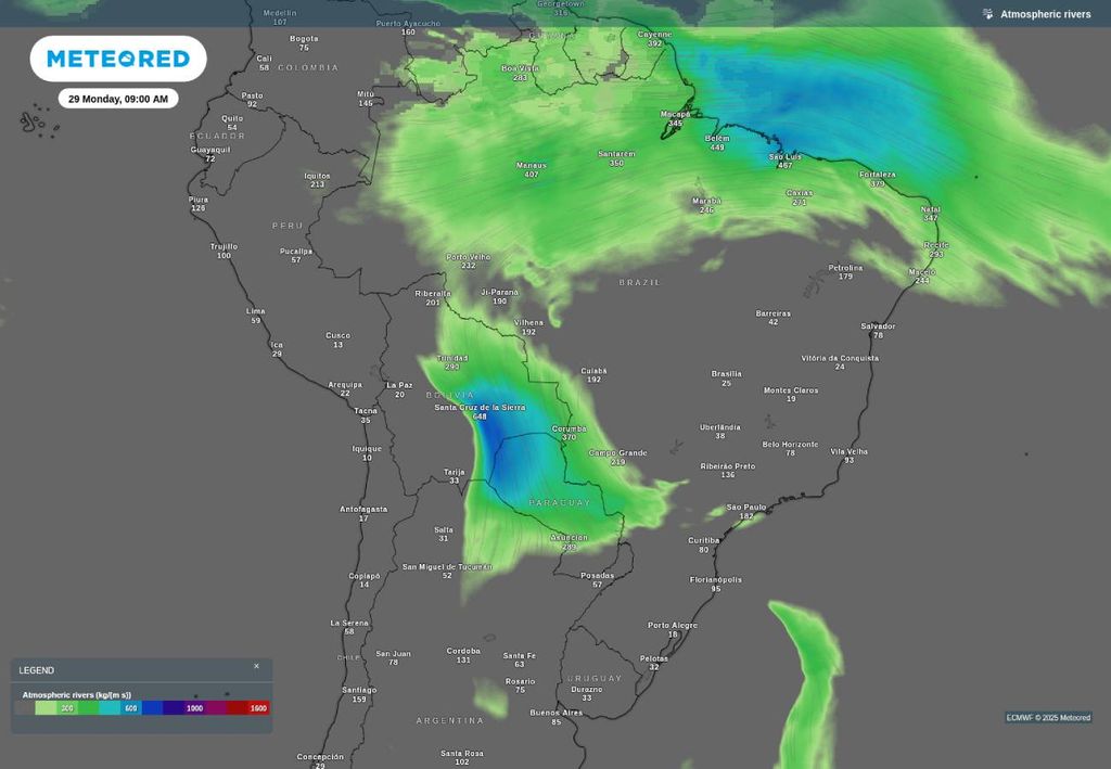 Previsão de rio atmosférico nesta segunda-feira (29), de acordo com o ECMWF. Previsão de rio atmosférico nesta segunda-feira (29), de acordo com o ECMWF.