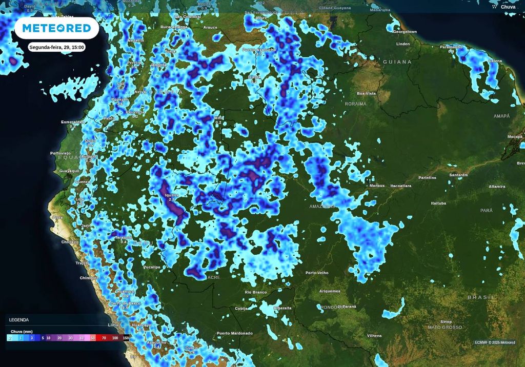 Previsão de chuva nesta segunda-feira (29), de acordo com o ECMWF. Previsão de chuva nesta segunda-feira (29), de acordo com o ECMWF.