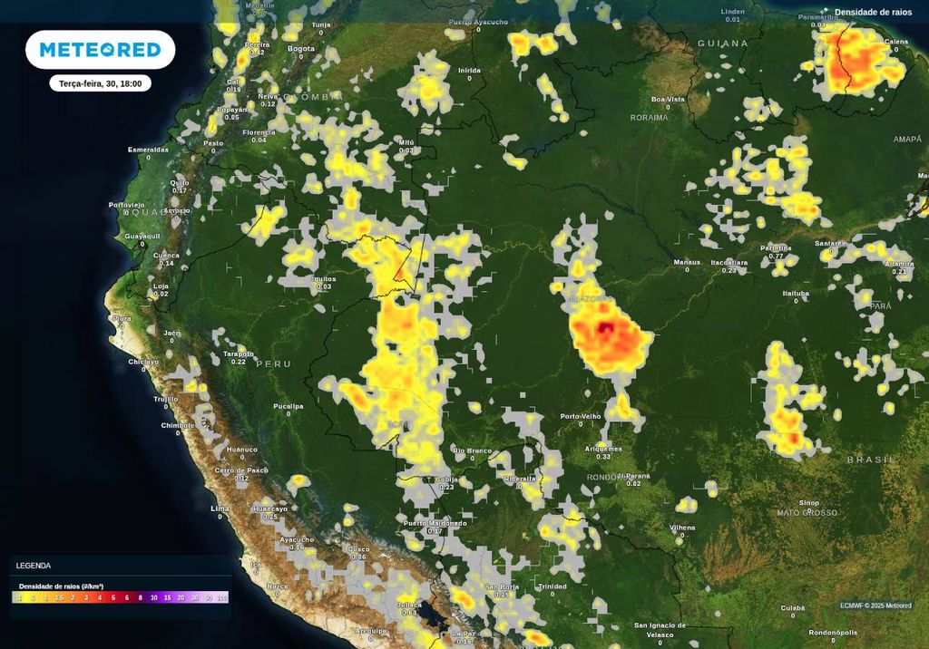 Previsão de tempestades nesta terça-feira (30), de acordo com o ECMWF. Previsão de tempestades nesta terça-feira (30), de acordo com o ECMWF.