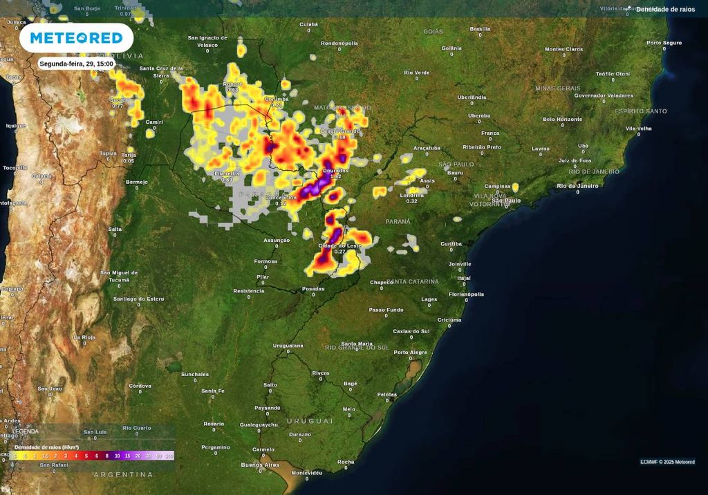 Previsão de tempestades nesta segunda-feira (29), de acordo com o ECMWF. Previsão de tempestades nesta segunda-feira (29), de acordo com o ECMWF.