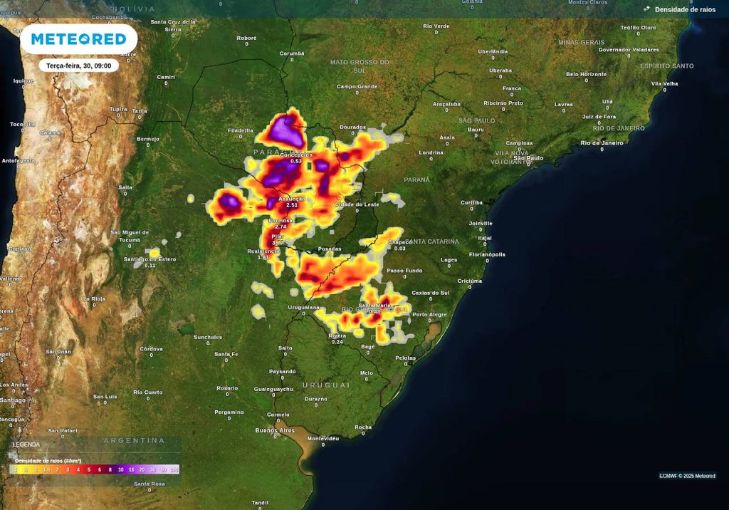 Previsão de tempestades nesta terça-feira (30), de acordo com o ECMWF. Previsão de tempestades nesta terça-feira (30), de acordo com o ECMWF.