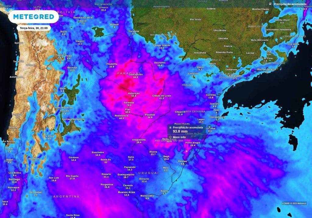 Previsão de chuva acumulada no centro-sul do Brasil até a noite de terça-feira (30), de acordo com o ECMWF. Previsão de chuva acumulada no centro-sul do Brasil até a noite de terça-feira (30), de acordo com o ECMWF.