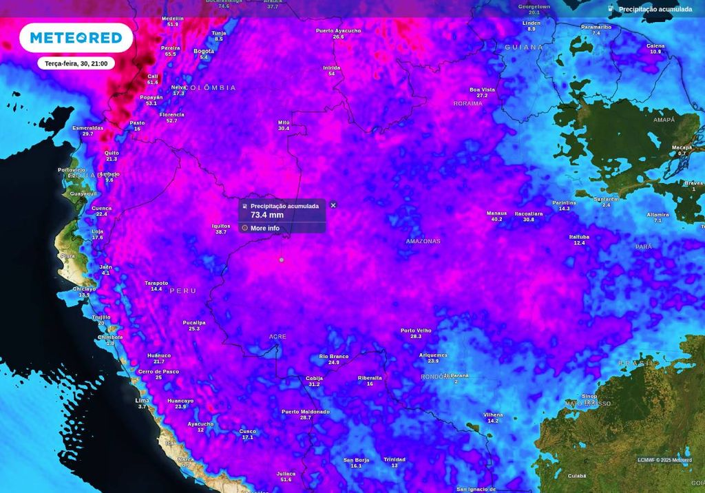 Previsão de chuva acumulada na Região Norte até a noite de terça-feira (30), de acordo com o ECMWF. Previsão de chuva acumulada na Região Norte até a noite de terça-feira (30), de acordo com o ECMWF.