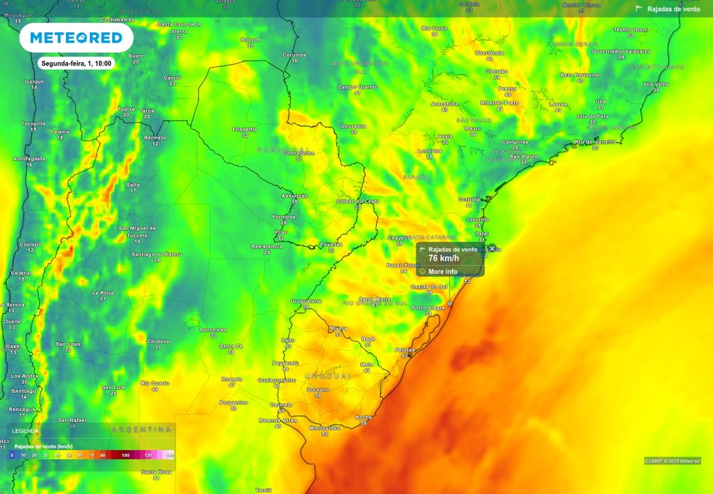 Previsão de rajada de vento na segunda-feira (1), de acordo com o ECMWF.