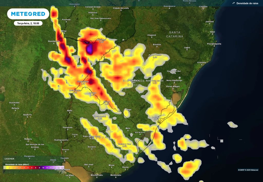Previsão de tempestades na próxima terça-feira (2), de acordo com o ECMWF.