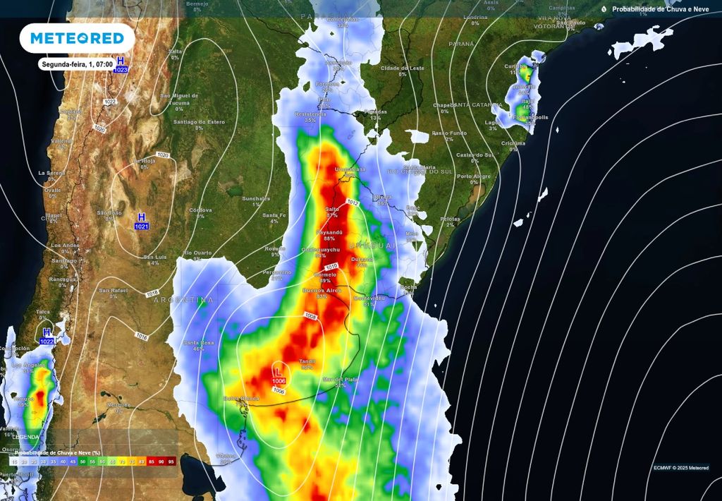 Previsão de formação de ciclone nesta segunda-feira (1), de acordo com o ECMWF.