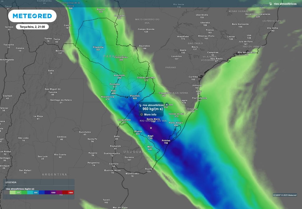Previsão de rio atmosférico na terça-feira (2), de acordo com o ECMWF.