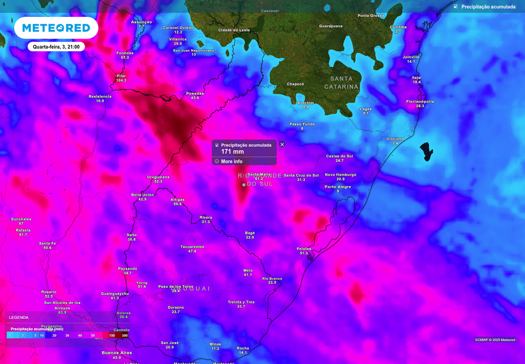 Previsão de chuva acumulada até a próxima quarta-feira (3), de acordo com o ECMWF.