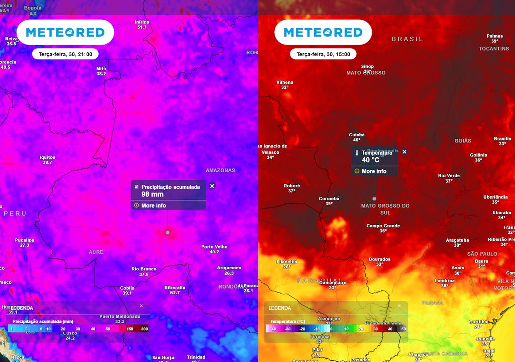 Previsão de acumulados de chuva (esquerda) e temperaturas máximas (direita). Previsão de acumulados de chuva (esquerda) e temperaturas máximas (direita).