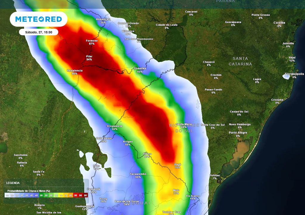 Previsão de probabilidade de chuva no sábado durante a tarde. Previsão de probabilidade de chuva no sábado durante a tarde.