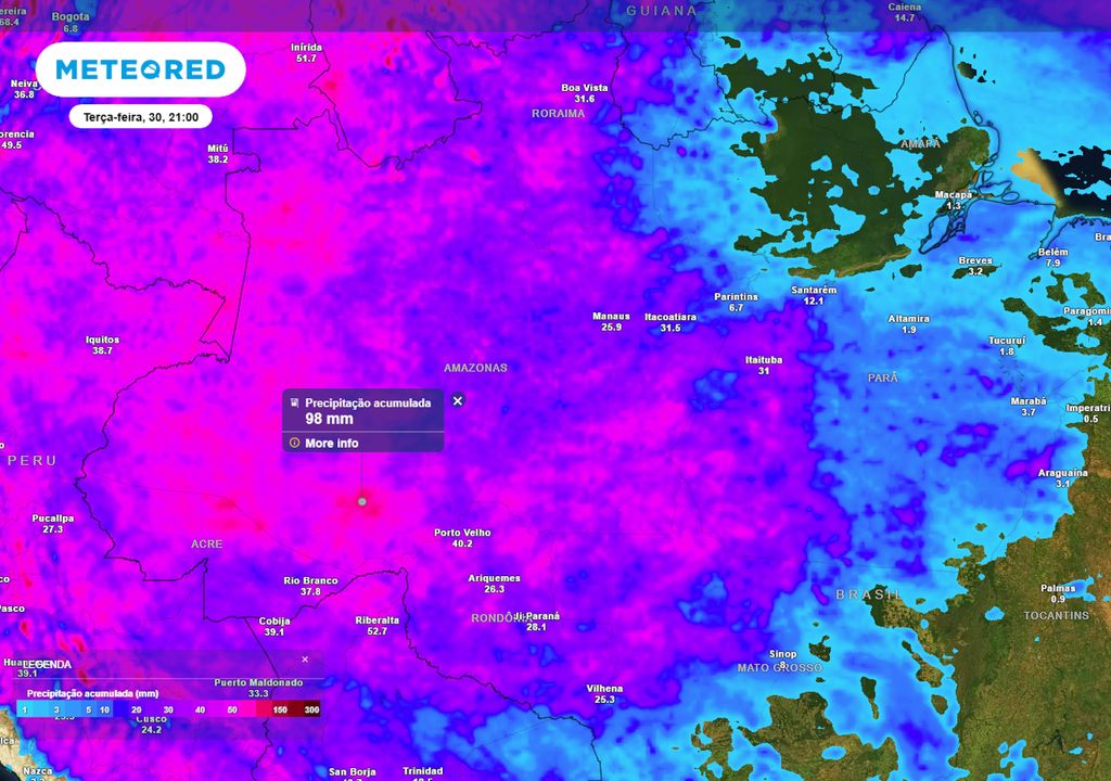 Previsão de acumulados totais de chuva até no final da terça-feira. Previsão de acumulados totais de chuva até no final da terça-feira.