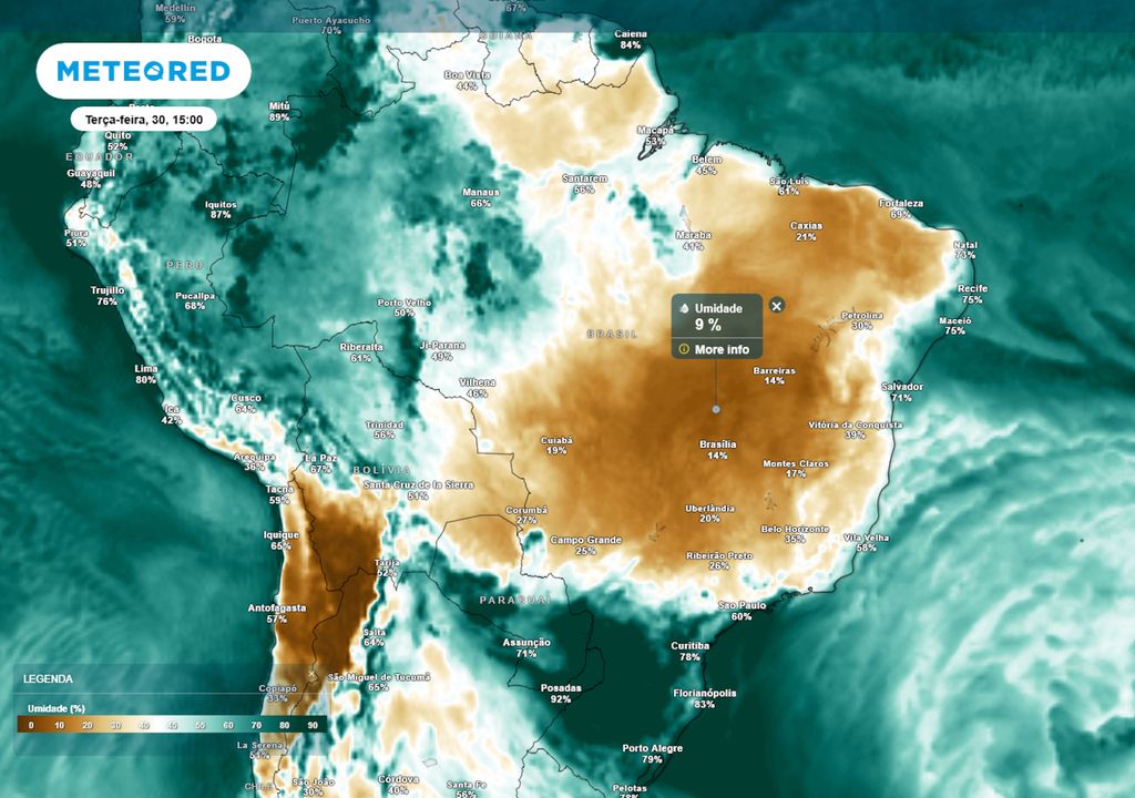 Previsão de umidade relativa mínima na terça-feira durante a tarde. Previsão de umidade relativa mínima na terça-feira durante a tarde.