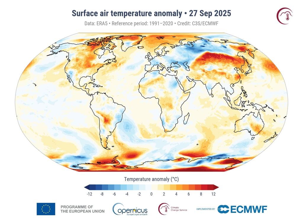 Distribuzione delle anomalie termiche nel settembre 2026, rispetto al periodo 1991-2020.