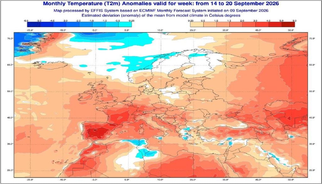 Le anomalie positive più intense interessano Spagna, Portogallo, Francia meridionale e Italia.