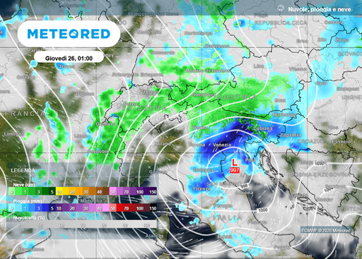 Settimana di pioggia e neve sull&rsquo;Italia, fino a 60 mm: le aree pi&ugrave; colpite