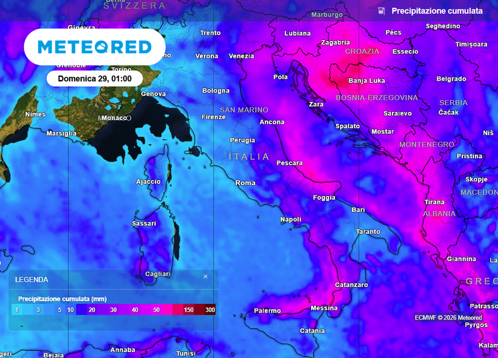 Le aree in viola sono quelle dove pioverà di più questa settimana: anche più di 60 mm previsti.