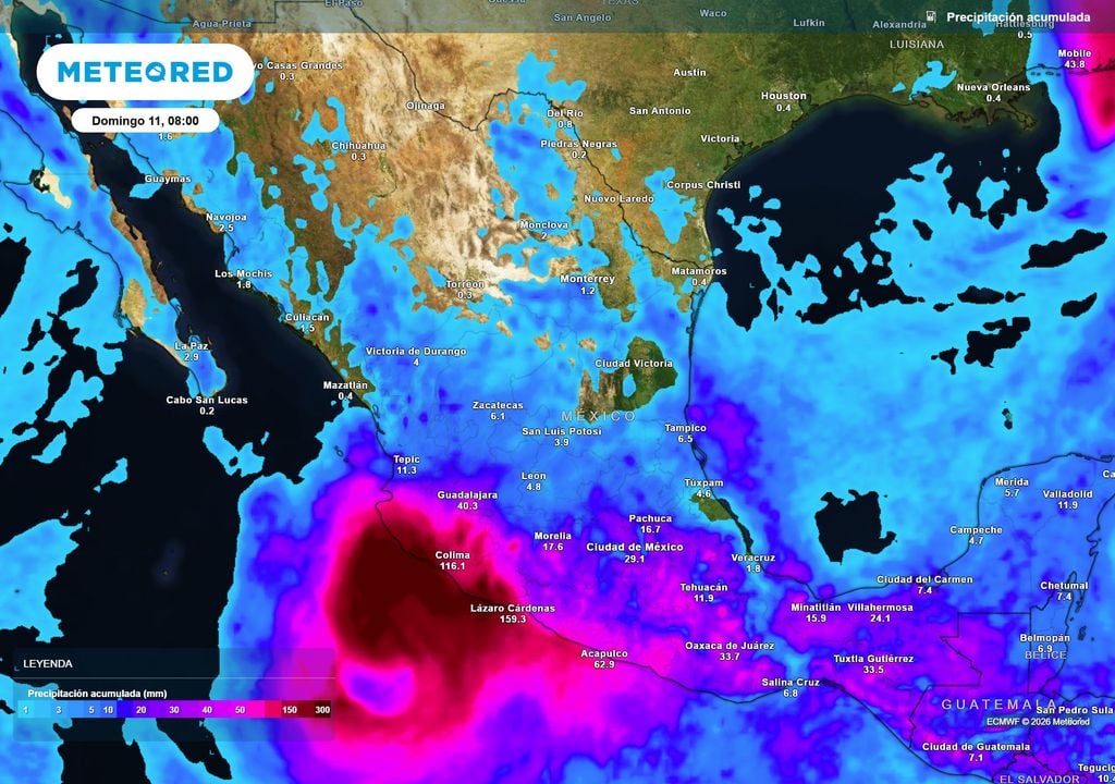 Lluvias torrenciales de 300-500 mm son probables entre Jalisco, Colima y Michoacán por el impacto de Simon; de 20-50 mm en otras regiones.