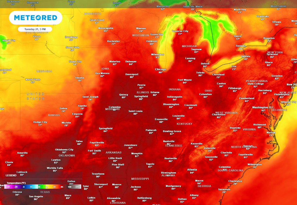Forecast temperatures for 3 PM today shows summer-like heat surging northward.