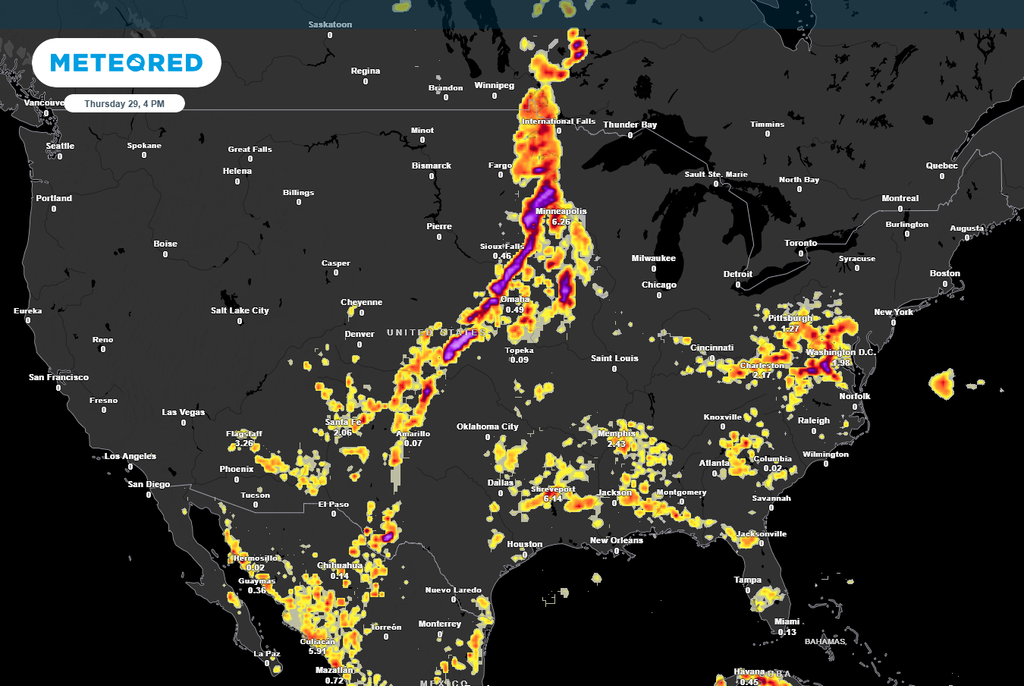 Lightning activity forecast for 4 pm Thursday has numerous strikes in the plains and east.