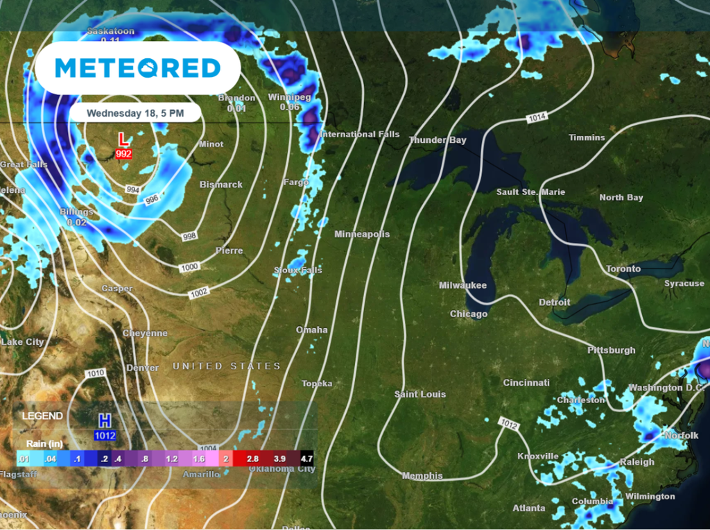 Rainfall forecast for this afternoon shows heavier precipitation in the northern plains and Mid-Atlantic regions.