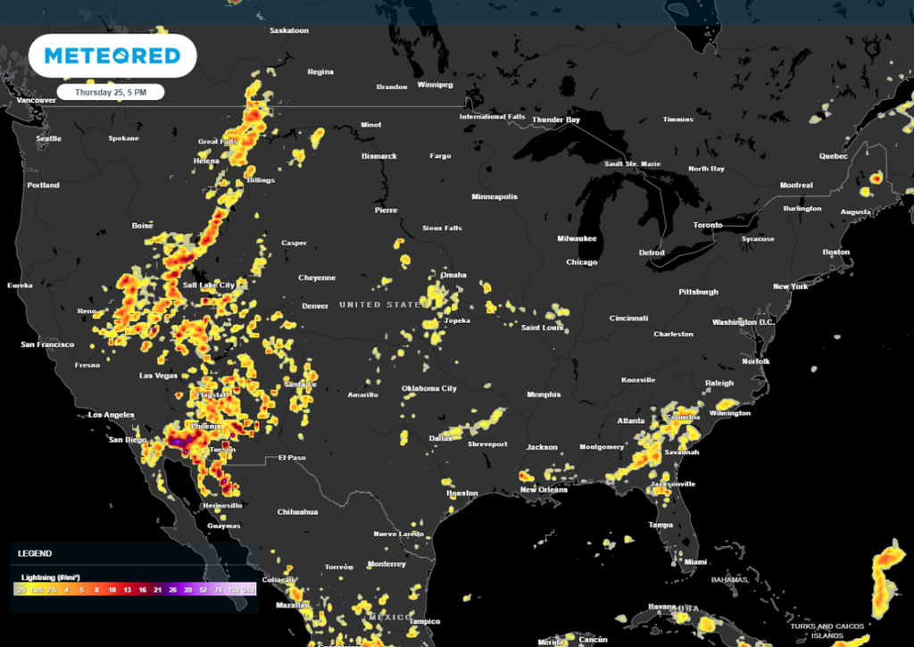 Lightning activity forecast for 5 pm today with numerous storms from Rockies into Great Basin.