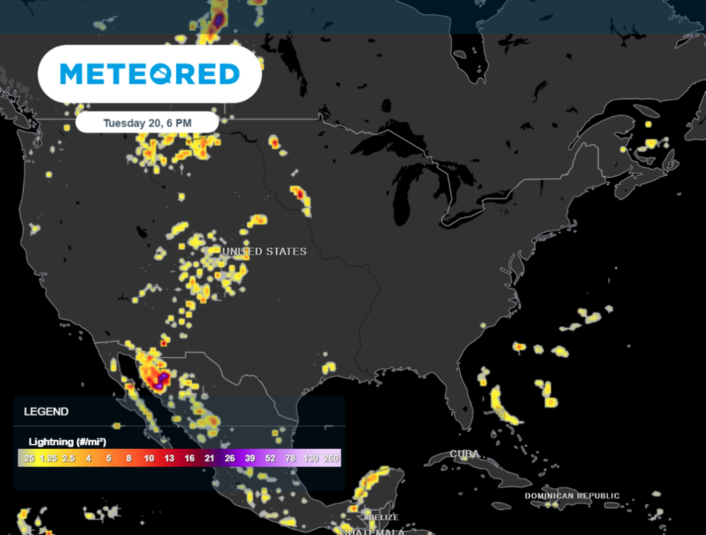 Lightning activity forecast for 6 pm today shows most strikes in the western US.