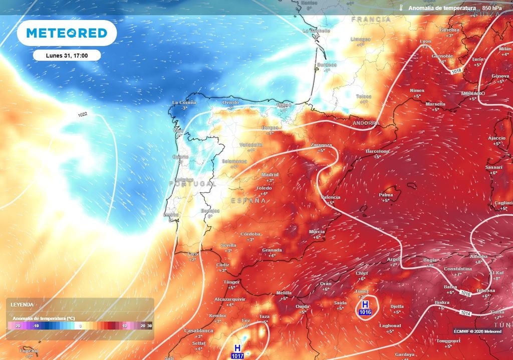 Anomalía de temperatura en España Anomalías de temperatura previstas a unos 1500 metros de altitud para la tarde del lunes 31 de agosto. El aire subtropical ganará terreno y dejará temperaturas hasta 6 ºC por encima de las habituales en amplias zonas del centro, sur y este peninsular.