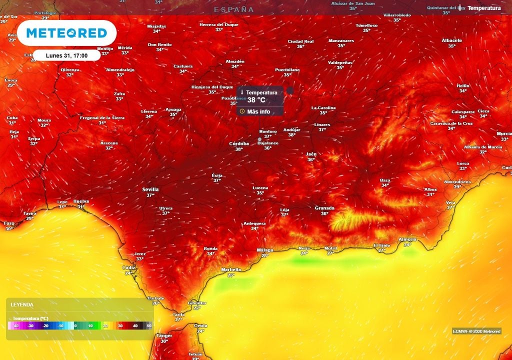 Temperaturas en Andalucía Temperaturas previstas para la tarde del lunes 31 de agosto. En el valle del Guadalquivir se podrán alcanzar localmente los 38 ºC, con valores de 36-38 ºC en numerosas zonas del interior de Andalucía.