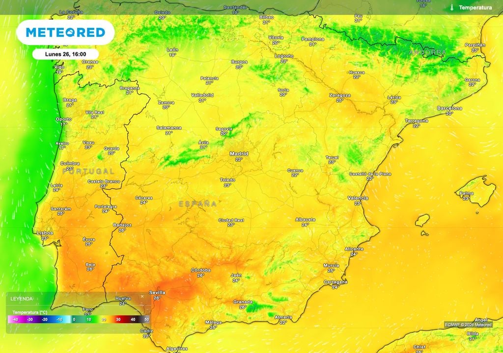 El ascenso térmico se iniciará con la nueva semana. El mapa muestra las temperaturas máximas previstas el lunes. Fuente: modelo europeo.