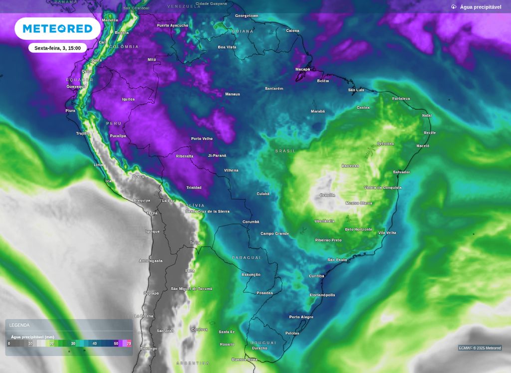 Água precipitável para a tarde de sexta-feira (3) sobre o Brasil. Água precipitável para a tarde de sexta-feira (3) sobre o Brasil.
