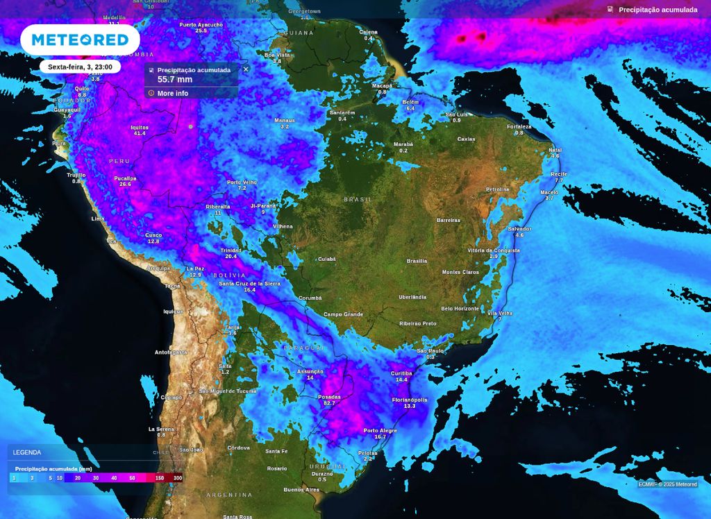 Precipitação acumulada até sexta-feira (3) para todo o país. Precipitação acumulada até sexta-feira (3) para todo o país.