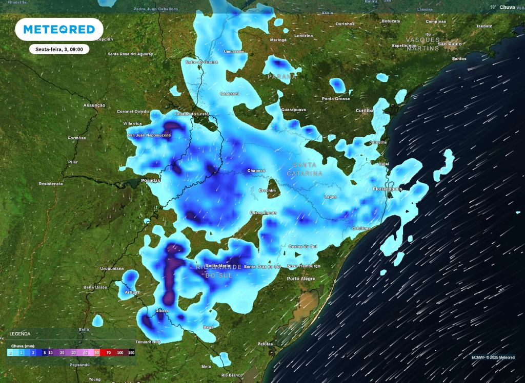 Previsão de precipitação para a manhã de sexta-feira (3). Previsão de precipitação para a manhã de sexta-feira (3).