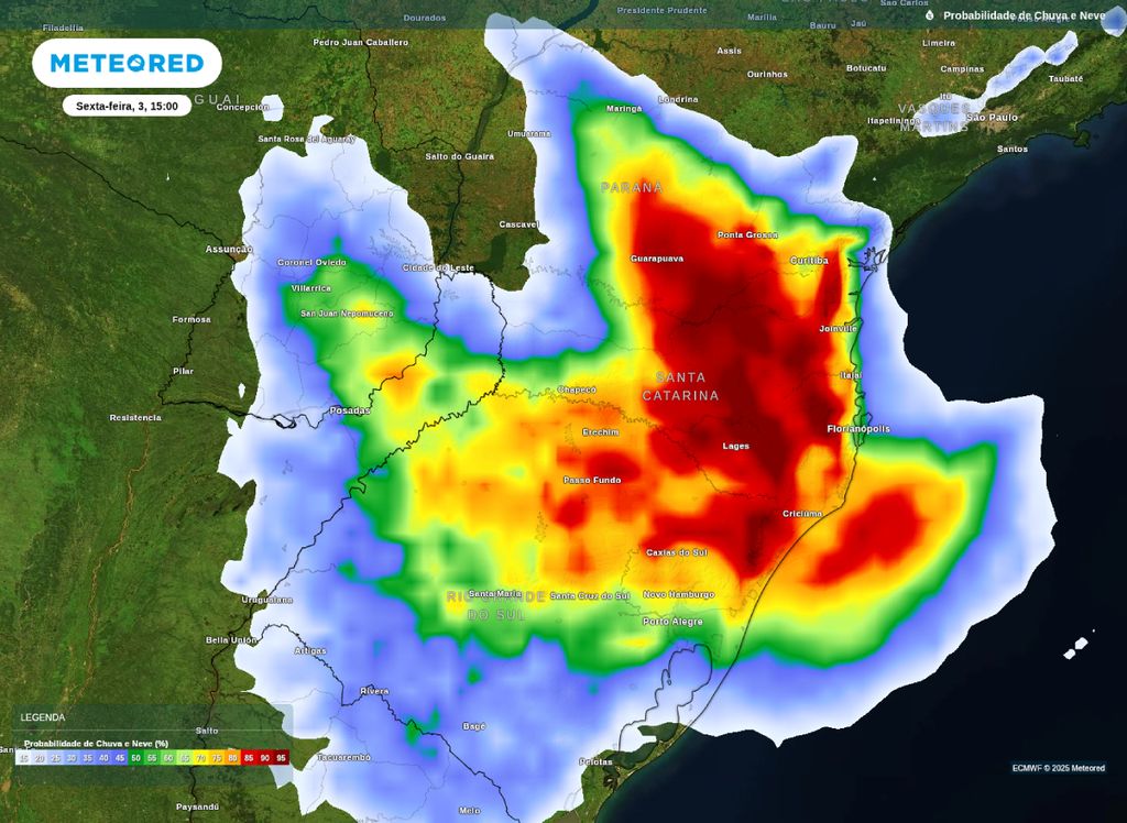 Probabilidade de chuvas para a tarde de amanhã (3) na Região Sul do Brasil. Probabilidade de chuvas para a tarde de amanhã (3) na Região Sul do Brasil.