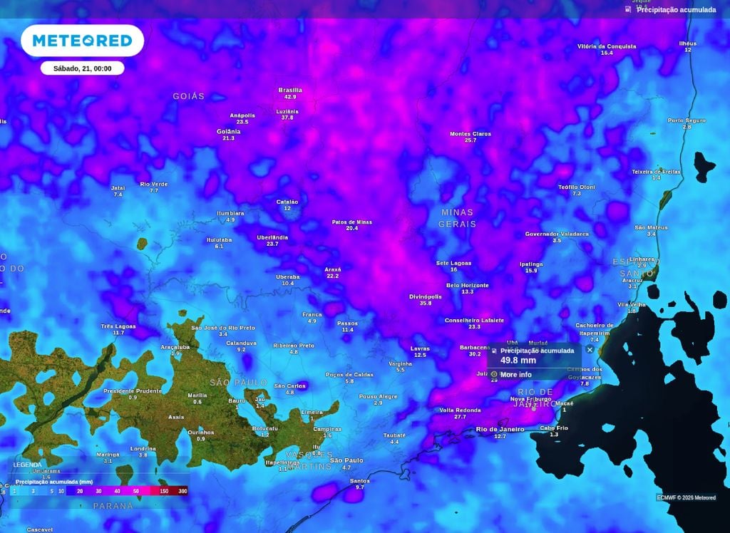 Precipitação acumulada entre quinta (19) e sexta-feira (20) no Sudeste do Brasil.