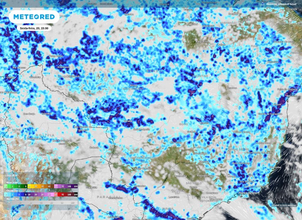 Chuva e nebulosidade prevista para a tarde desta sexta-feira (20) sobre a Região Centro-Oeste e Sudeste.