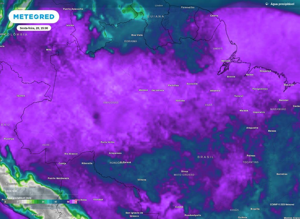 Água precipitável sobre a Região Norte na tarde desta sexta (20).