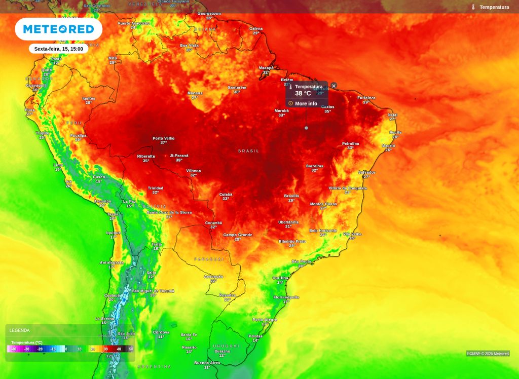 Temperatura prevista para a tarde de sexta-feira (15) para o Brasil Temperatura prevista para a tarde de sexta-feira (15) para o Brasil