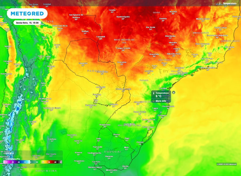 Temperatura prevista para a tarde de sexta-feira (15). Temperatura prevista para a tarde de sexta-feira (15).