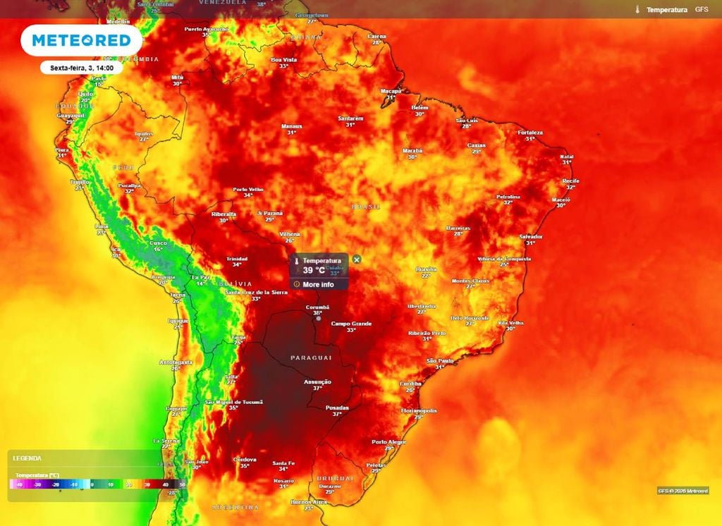Mapa de previsão de temperatura mostra calor intenso sobre MS, oeste do RS,SC e PR.