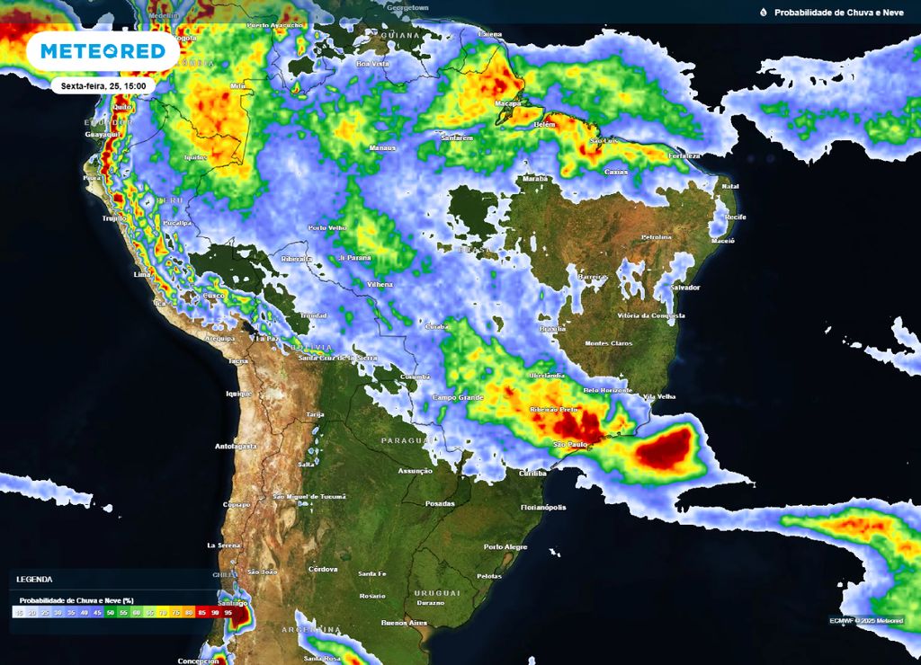 Mapa de probabilidade de precipitação para a tarde de sexta-feira (25), segundo o modelo ECMWF. Mapa de probabilidade de precipitação para a tarde de sexta-feira (25), segundo o modelo ECMWF.