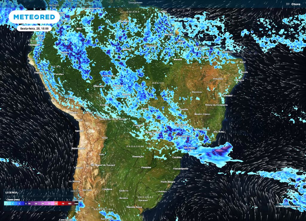 Mapa de precipitação prevista para a tarde de sexta-feira (25). Mapa de precipitação prevista para a tarde de sexta-feira (25).