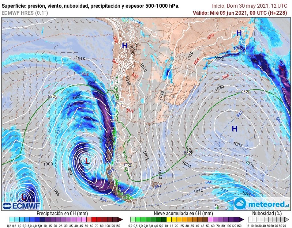 presión, precipitación, viento y espesura previstas ECMWF