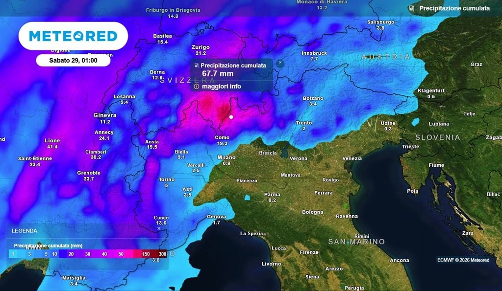 Forti temporali venerdì 28 agosto scaricheranno fino a 70 mm di pioggia in determinate aree delle Alpi. Attenzione tra Piemonte e Lombardia.