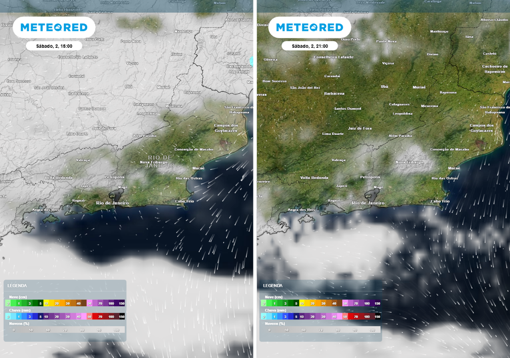 Previsão de precipitação (em mm) e nebulosidade para sábado (2 de maio) de tarde (15h) à esquerda, e de noite (21h) à direita, segundo o modelo europeu ECMWF. Como observa-se, não há previsão de chuva durante o show em Copacabana na capital fluminense.