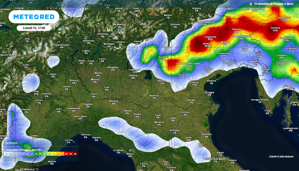 L'instabilità prevista lunedì 15 giugno pomeriggio nel nord-est dell'Italia.