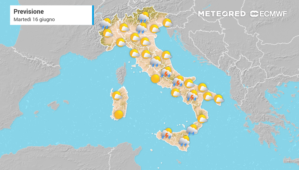 Le previsioni del tempo per martedì 16 giugno.