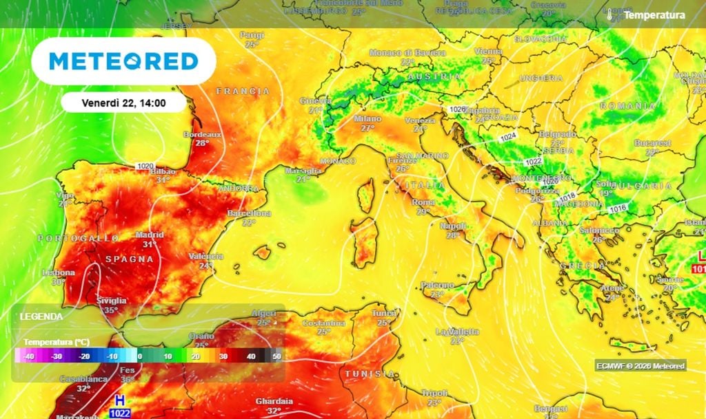 Il promontorio anticiclonico nei prossimi giorni porterà un aumento delle temperature, soprattutto sulla Penisola Iberica, con massime anche fino a +35°C. Caldo anche sull'Italia, ma meno eccessivo.