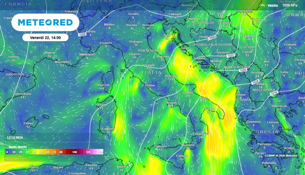 La mappa dei venti a 1.500 m prevista per venerdì, ci fa vedere un'Italia interessata da correnti settentrionali non eccessive, quindi con un aumento delle temperature sul Centro-Nord, mentre il sud-est, quindi l'area del basso Adriatico, avrà temperature meno estive.